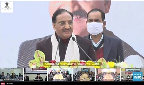 Pokhriyal speaking to the students (Pic: Twitter Screengrab)