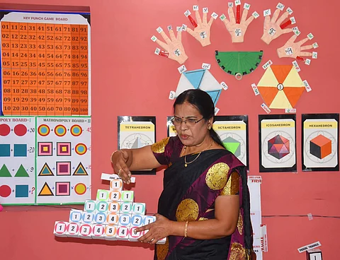 Kavitha Diggavi teaching students at home using Maths model (Pictures: D Hemanth)