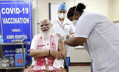 PM Modi getting the vaccine shot at AIIMS | Pic: PTI