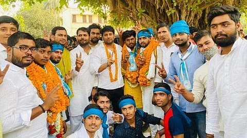 Members of NSUI celebrating after winning all posts in student union elections of Sampurnanand Sanskrit University in Varanasi (Pic: Twitter)