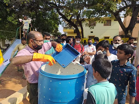 Professor Shamsundar Subbarao demonstrating the method of composting kitchen waste (Pictures: Shamsundar Subbarao)
