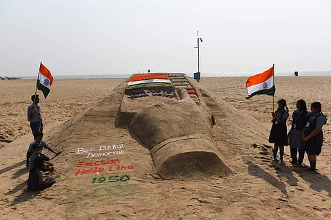 The sand sculpture at Marina | Pic: Velammal School