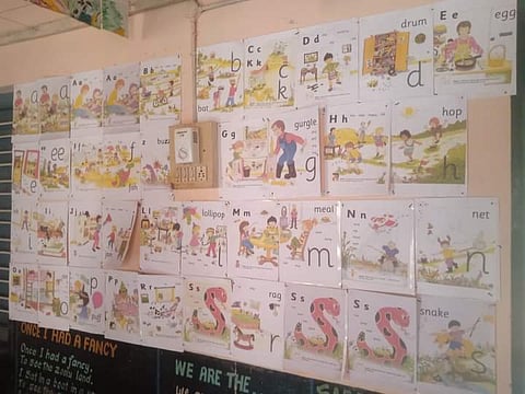 Posters showing phonetic sounds for English language at Government Lower Primary School in Malethody (Pictures: Thimmappa Kodlady)