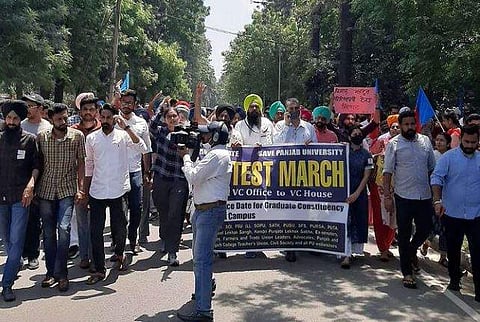 Students, teachers protesting on Panjab University campus | Pic: Students for society social media
