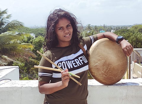 Chandrika Srinivas with the parai | Pics: Chandrika Srinivas