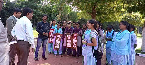 Students of Karnatak University protest meet VC after protest for state scholarship | Pic: Sourced