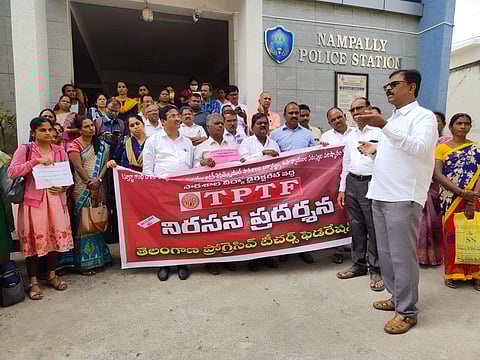 Telangana school teachers' protest, detention | (Pic: M Ravindar)