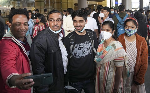 Indian nationals, evacuated from crisis-hit Ukraine, being welcomed by relatives upon their arrival  (Pic: PTI)