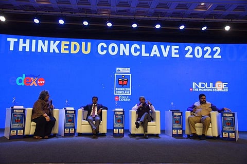 Kaveree Bamzai in conversation with DMK spokesperson Saravanan Annadurai (left) INC spokesperson Prof Gourav Vallabh (right) and Sudhanshu Trivedi, BJP spokesperson  (centre) | Pic: R Satish Babu/ EPS