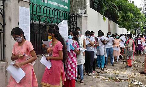 Students at a NEET exam centre | Image for representational purpose only | (Pic: Express)