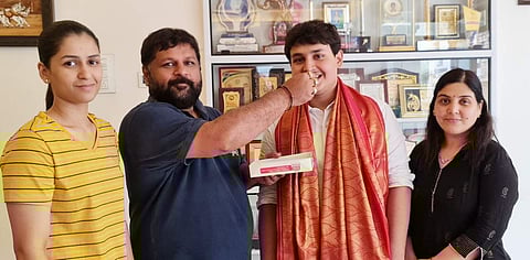 Agastya Jaiswal with his parents and sister Naina Jaiswal (Far left) at their residence in Hyderabad, Telangana | Pic: Sourced