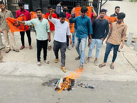 Protesting students burnt an effigy of Telangana's Chief Minister, K Chandrashekhar Rao | Pic: Sourced