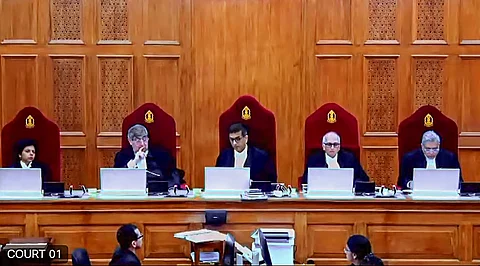 The five-judge Constitution bench comprising Chief Justice DY Chandrachud and Justices SK Kaul, SR Bhat, Hima Kohli and PS Narasimha during pronouncement of verdict on same-sex marriages on October 17