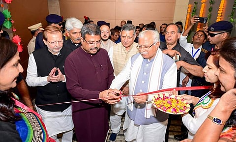 Union Education Minister Dharmendra Pradhan and Haryana Chief Minister Manohar Lal Khattar inaugurating 124 Pradhan Mantri Schools