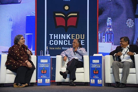 Parthasarathy NS and Narayanan Ramaswamy in conversation with Kaveree Bamzai at the ThinkEdu Conclave, 2023 | Pic: Express/Satish Babu