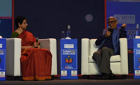 Bibek Debroy and Chithra Madhavan at ThinkEdu 2023 | Pic: Ashwin Prasath