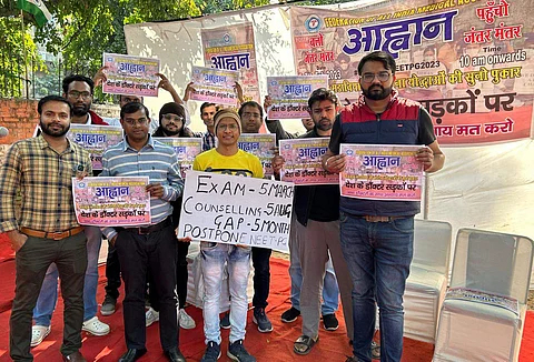 FAIMA protests at Jantar Mantar demanding NEET PG postponement | (Pic: Dr Manish Jangra)