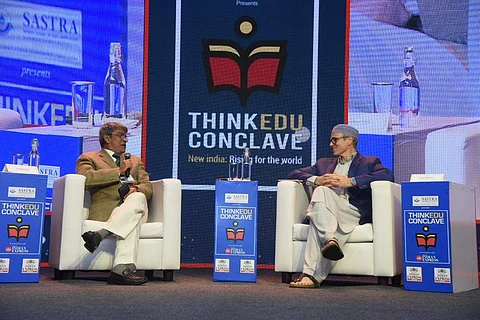 Omar Abdullah speaks with Shankkar Aiyar at the 11th edition of the ThinkEdu Conclave | Pic: Express/Satish Babu