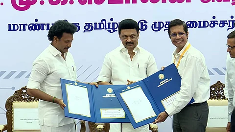 Prof V Kamakoti, Director, IIT Madras, exchanges MoU with Anbil Mahesh Poyyamozhi, School Education Minister. TN CM Stalin also feature in the frame | (Pic: IIT Madras)