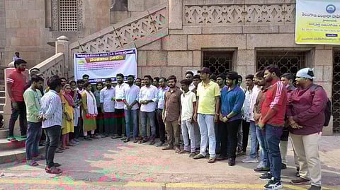 Students protest at Osmania University against PhD fee hike | (Pic: Sathya Nelli)