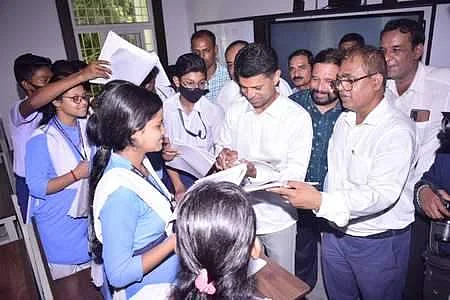 Pandian interacting with the students and teachers of Secondary Board High School in Cuttack on Friday, June 30 I EXPRESS
