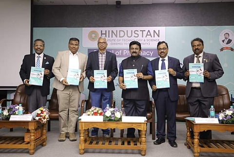 Prof V Ravichandran, Charles Jesudasan, Dr Anand Jacob Verghese - Chancellor and the management members of HITS released the BPharm brochure | (Pic: HITS)