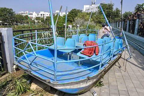 The boat that capsized in a lake with school students, in Vadodara, Friday, Jan. 19, 2024. 12 students and two teachers were killed in the accident. (PTI Photo)
